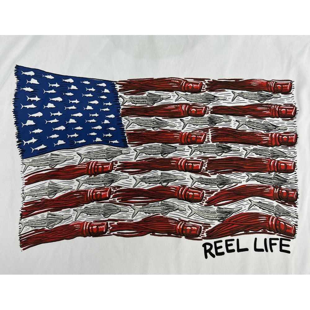 Reel Life Shirt M White Sun Ray Defender UPF 50+ Lightweight Fishing US Flag NEW